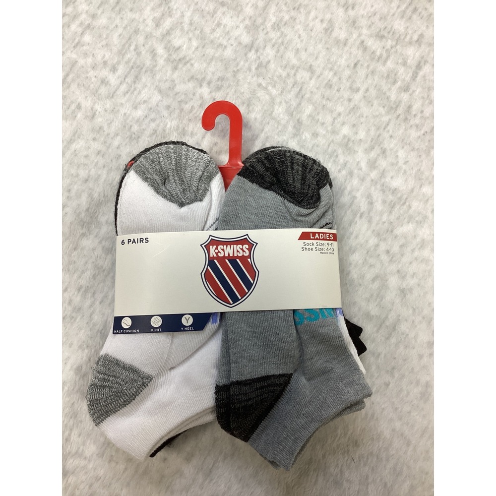 K-Swiss Womens 6 Pair Low Cut Ankle Socks White Grey Black K-NIT Cushioned w9-11